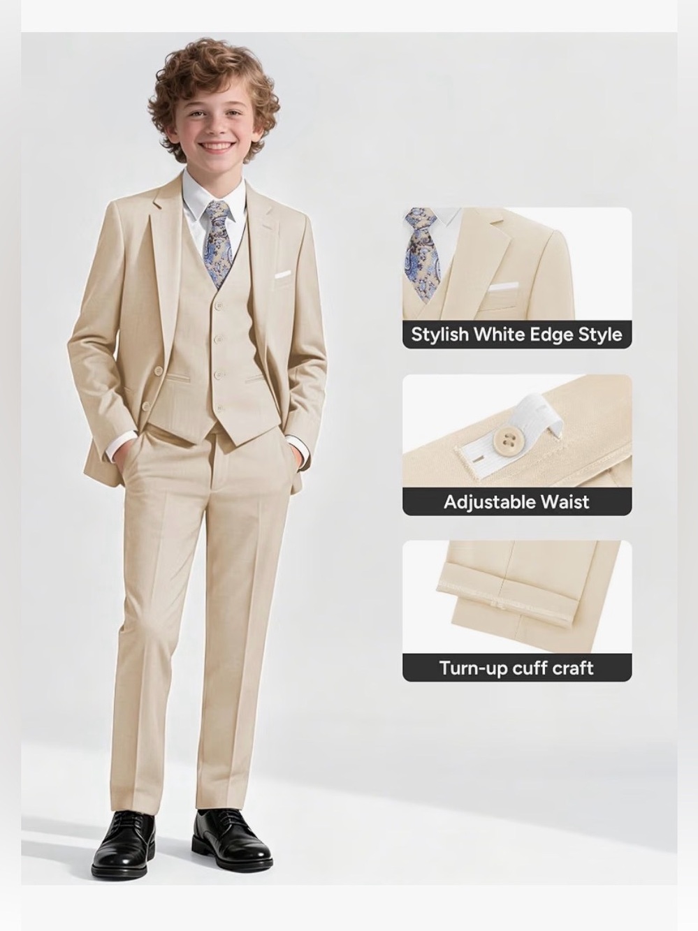 Boys Beige Three-Piece Suit. Blazer, vest, pants, shirt, tie, pocket square, etc